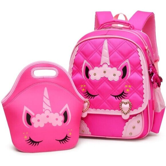 New Cute Unicorn Diamond Sequins Waterproof Princess School Backpack Set - Rose - Picture 1 of 7